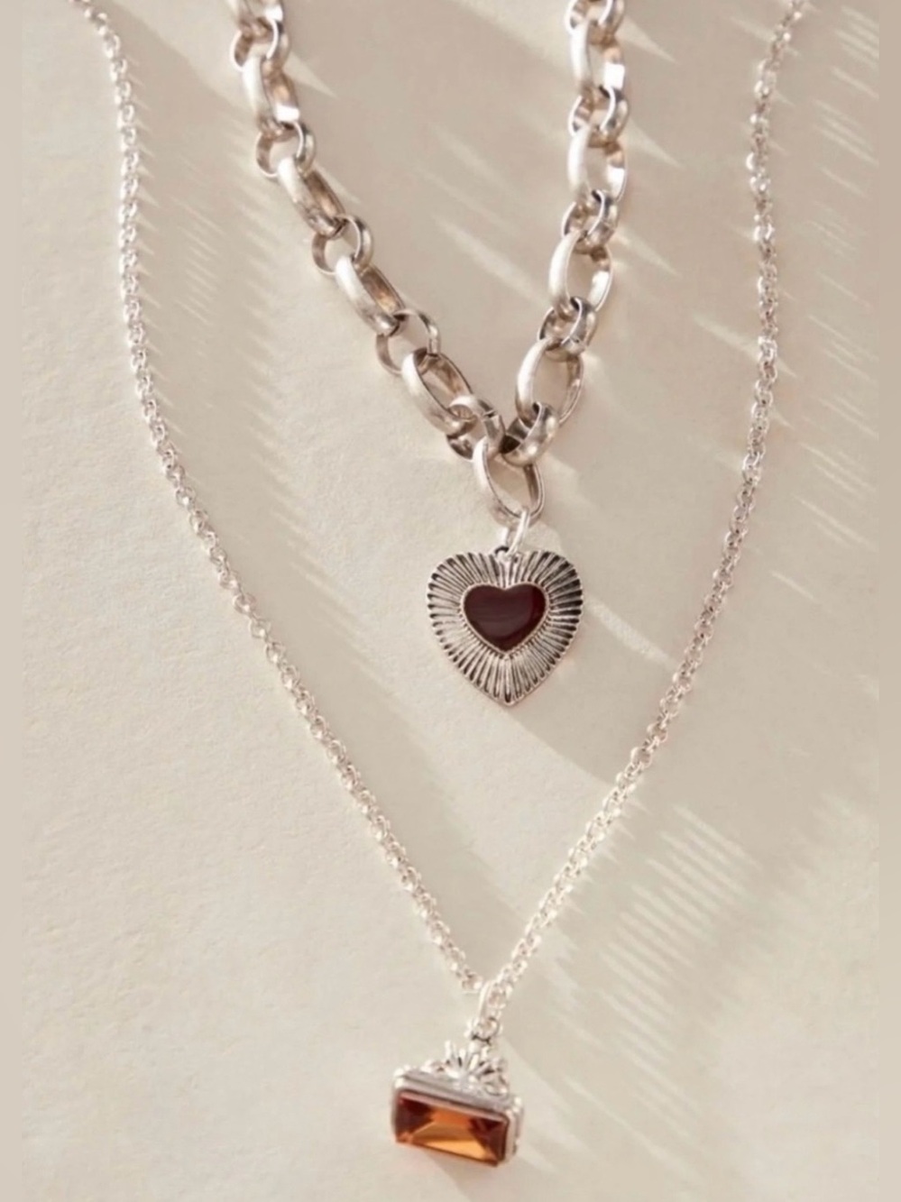 NEW Free People Zehnder Layer Necklace Silver Tone Heart Charm Double Chain Ring